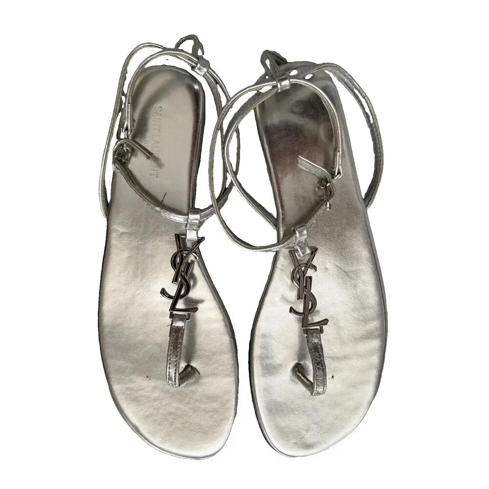 Saint Laurent YSL Cassandre Silver Metallic Logo Thong Sandals EU 40 Italy 9 US